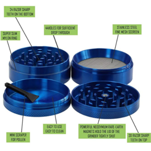 1.5 Inch 4 Piece Metal Dry Herbal Herb Spice Smoke Tobacco Grinder Crusher Sharp , Scraper Included (blue)